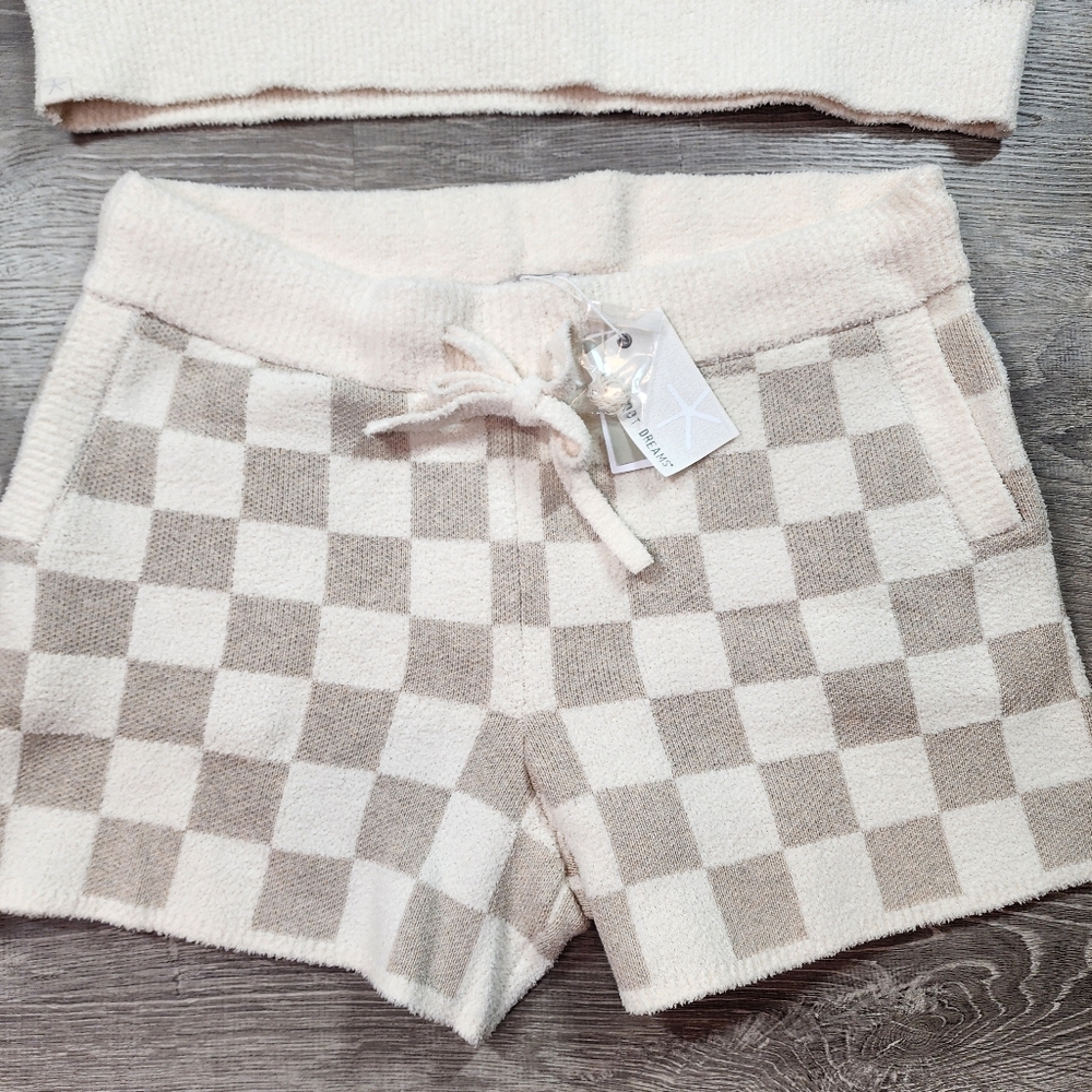 NWT BAREFOOT DREAMS 2 Pc CozyChic Oatmeal Cream Checkered Top Short Set XL - Picture 2 of 14
